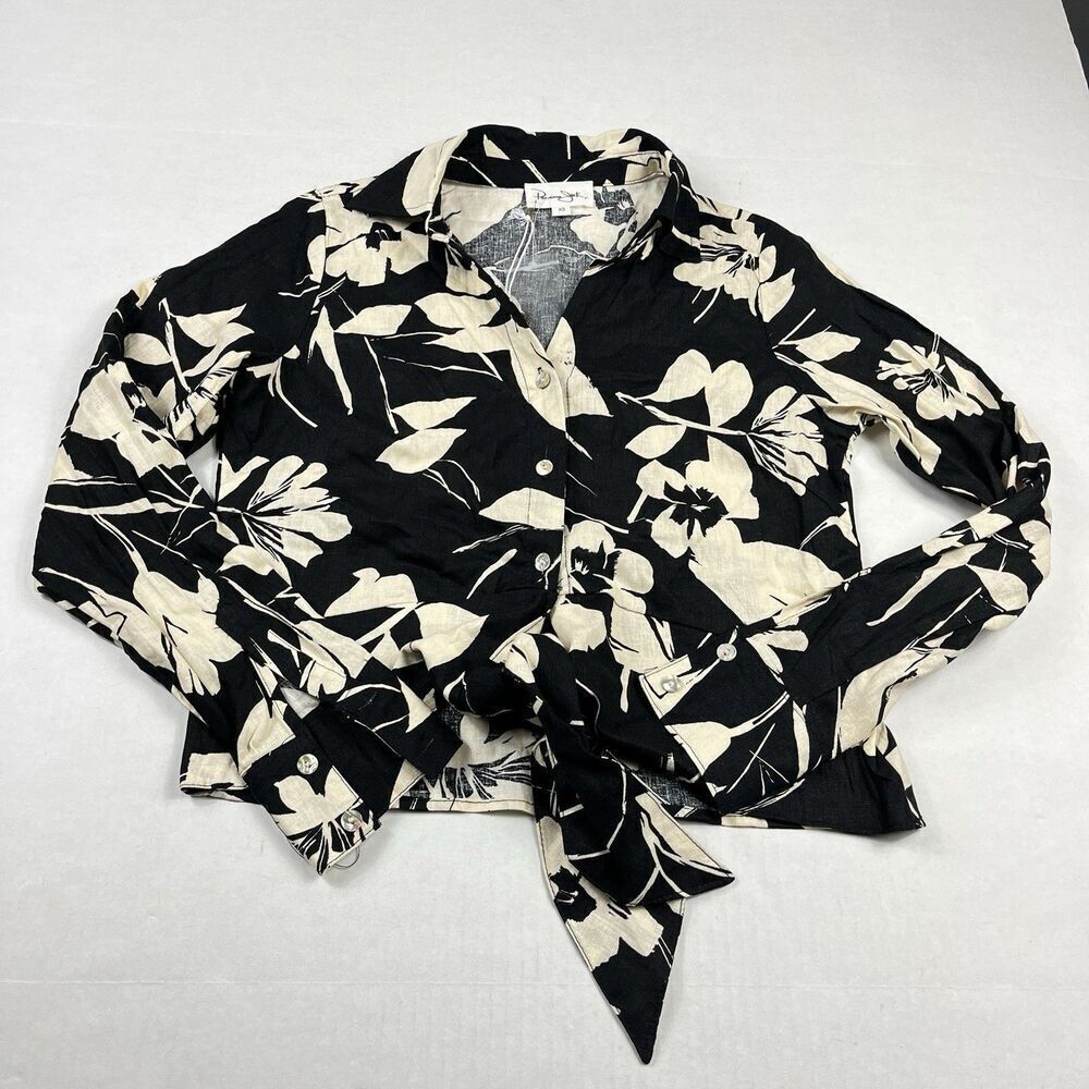 Panama Jack Linen Blend Button Shirt Floral Cropped Long Sleeve Top XS NEW